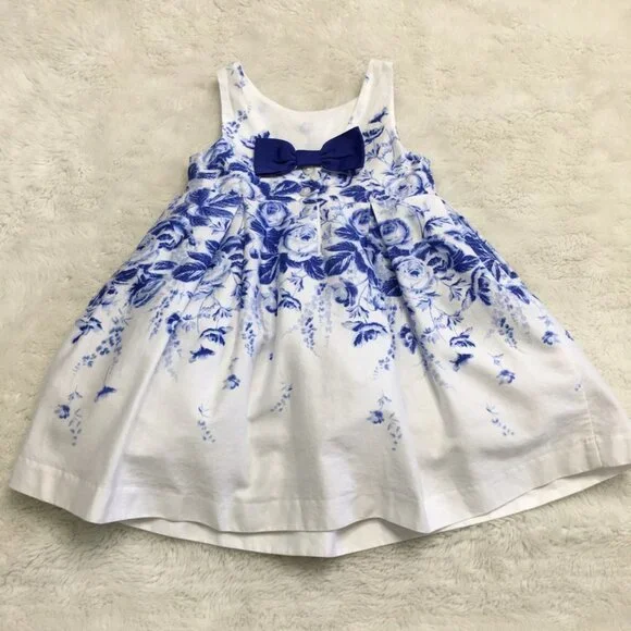 Janie and Jack Girls Blue Floral Open Flare Sleeveless Party Dress Size 6-12 M